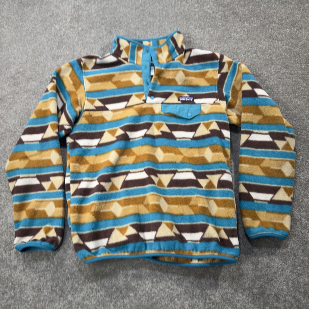 Patagonia Synchilla Fleece Pullover Womens Medium Blue Tan Geometric Snap T Top